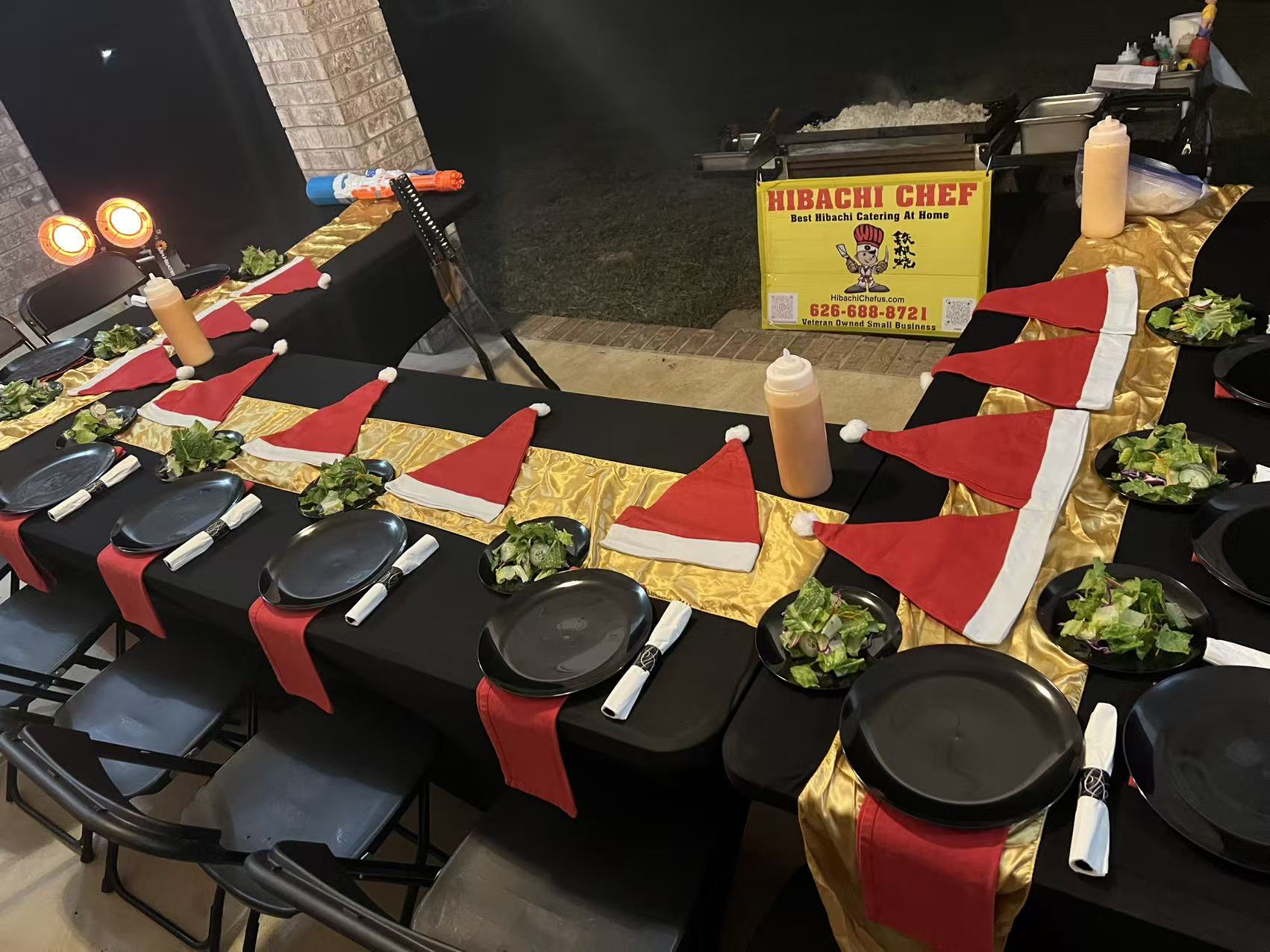 Christmas themed hibachi dinner setup