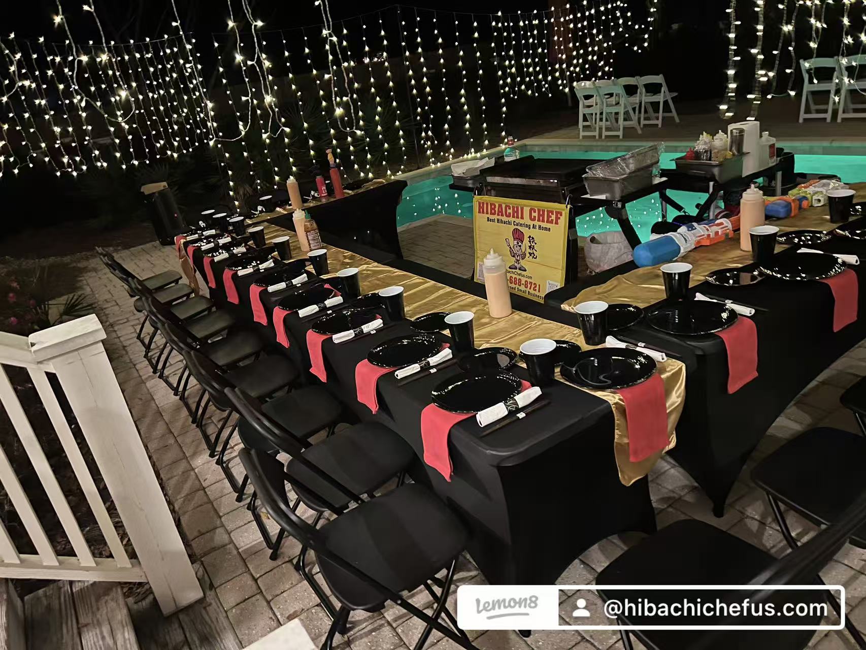 Poolside hibachi party with string lights